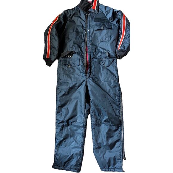 Vtg Davco Snowmobile Ski Suit Mens L Belted Insulated 80s Navy Red Coveralls - Picture 2 of 16
